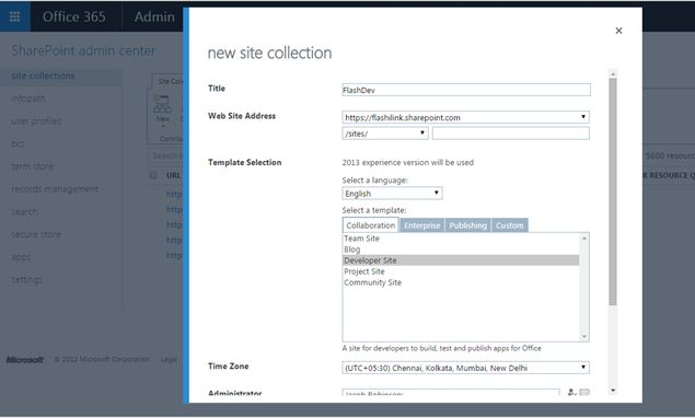 new site collection details